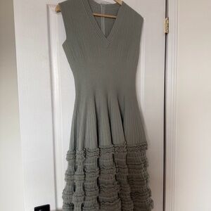Azzedine Alaia AW 2008 Greyish Gree Ribbed Wool Fit and Flare Ruffle Skirt Dress
